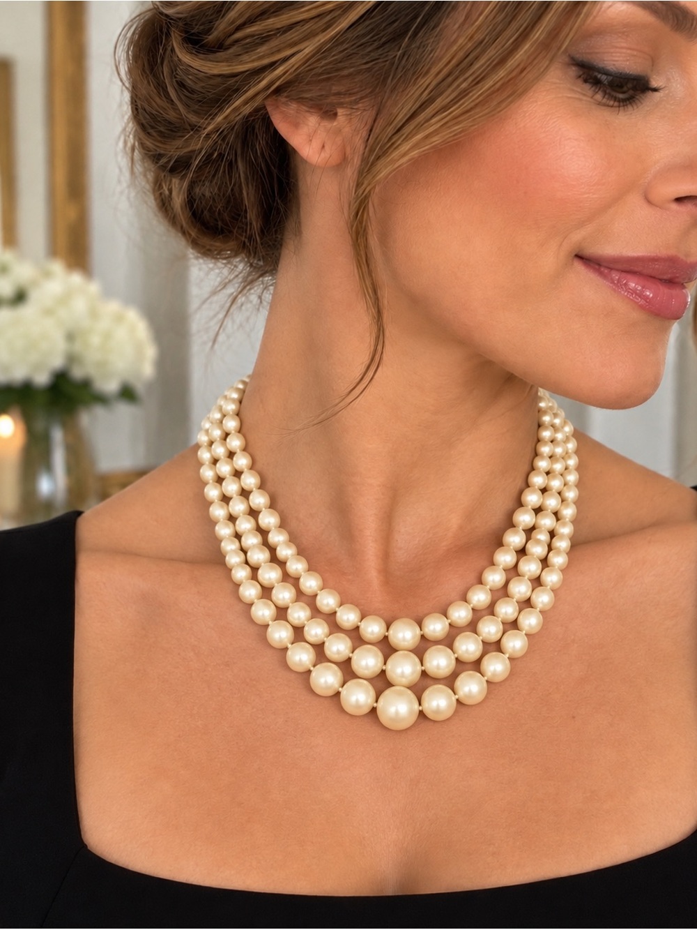 Vintage Faux Pearl Triple Strand Graduated Necklace 16” Statement